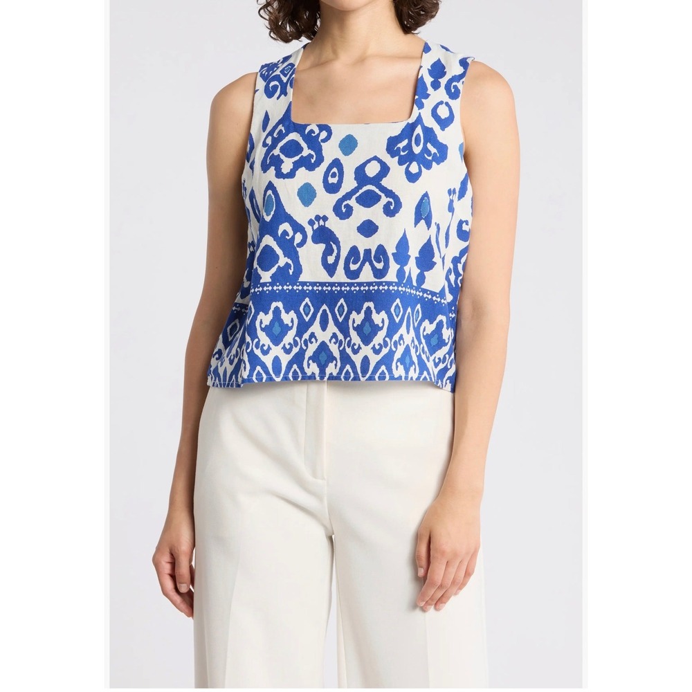 Tahari Women Blue White Ikat Linen Blend Square Neck Crop Tank Top Large 10-12